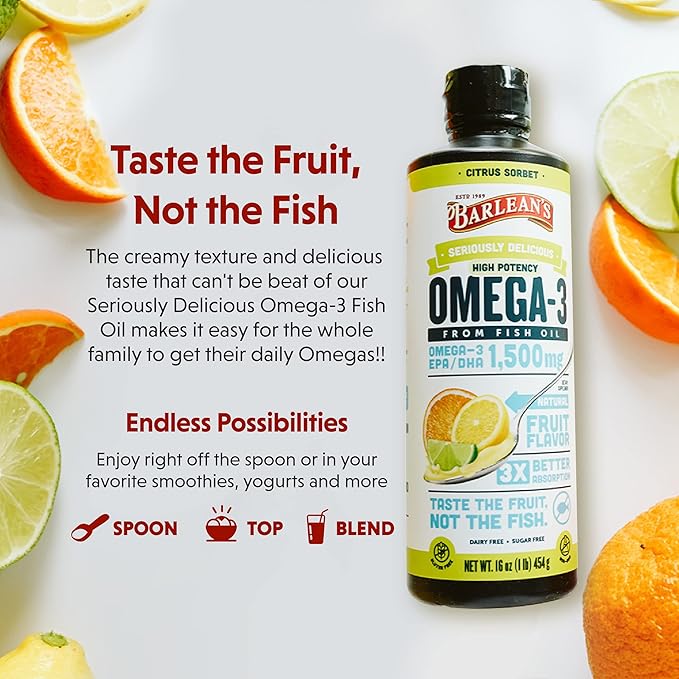 Barlean's Citrus Sorbet High Potency Omega 3 Fish 1500mg of 16 oz