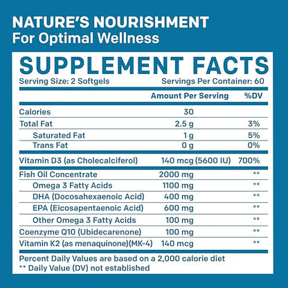 5-in-1 Fish Oil Omega 3 Supplements (2100mg) 3 Fish D3 & K2 and CoQ10 - 3 Supplement 3 Fatty (120 softgels)