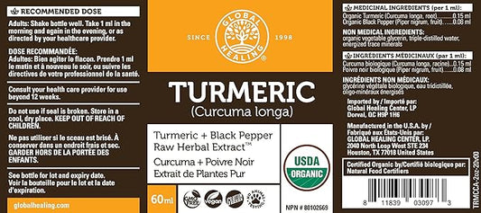 Global Healing Organic Turmeric Curcumin Supplement with Black Pepper Extract Liquid Drops to Support Joint Mobility Relief and Digestive Health Multi Turmeric Supplement- 2 Fl Oz