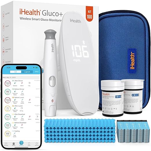 iHealth Gluco+ Wireless Smart Blood Glucose 100 Glucometer 100 Lancets, 1 Blood 1 Lancing