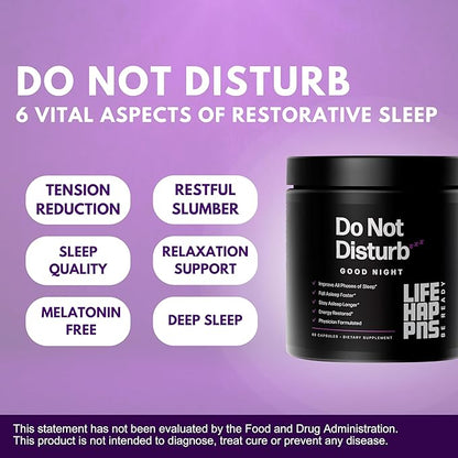 Life Happns Do Not Disturb Sleep Aid for Adults Natural Supplement with L-Theanine, Magnesium, Passion Flower & Evodia Fruit for Restorative Sleep Melatonin-Free, Non Habit-Forming, 60 Capsules