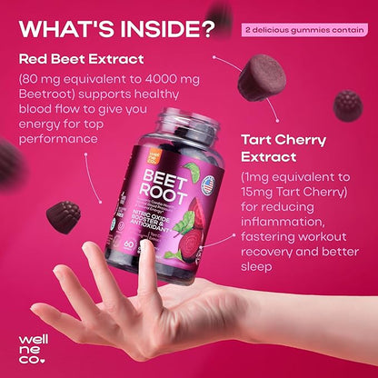 Beet Chews for High Blood Pressure 4000 mg - Beet Root Gummies with Tart Cherry Extract - Nitric Oxide Supplements - Support Cardio Health and Energy - No GMO, Pectin Based Beets - for Women and Men