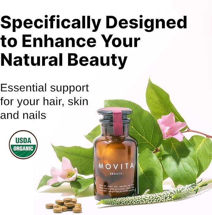 Movita Beauty – Promotes Healthy Hair, Skin & Nails with Biotin & Choline –Fermented Whole Foods, Organic, Vegan, Gluten-Free, Non-GMO – 30-Day Supply (Eco-Friendly Pouch)