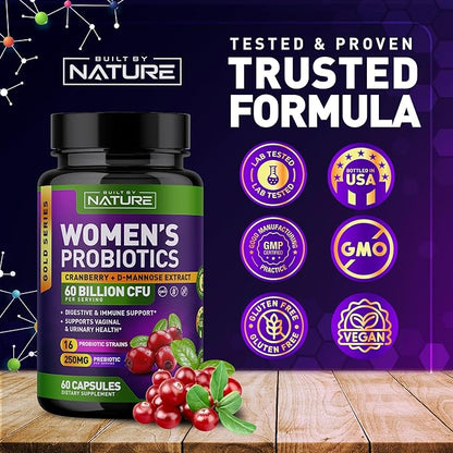 Probiotics for Women - 60 Billion CFUs, 16 Strains, with Cranberry, D-Mannose & Prebiotics - Supports Digestive, Immune, & Vaginal Health - Non-GMO, Dairy & Gluten-Free - 60 Veggie Capsules