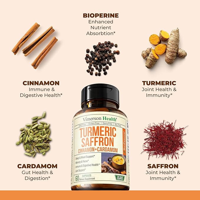 Turmeric Saffron Supplements with Cinnamon & Cardamom - Antioxidant Joint Support Supplement Contains Turmeric Curcumin with Black Pepper for Mood, Memory, Eye Health & Well-Being (Pack of 2)