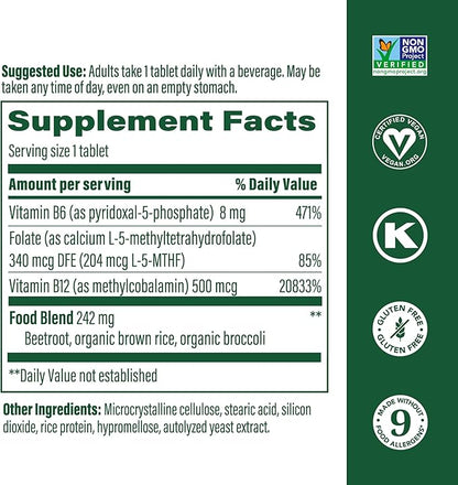 MegaFood Methyl B12 - Vegan - Includes Methyl Folate, Vitamin B12 & B6 - Supports Cellular Energy Production, Nervous System Health & Cardiovascular Function - 90 Tablets