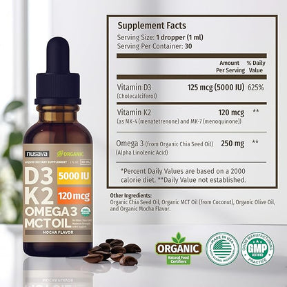 (2 Pack) Organic Vitamin D3 K2 3, 5000 5000 IU, 5000 IU, D3 for 2 Fl