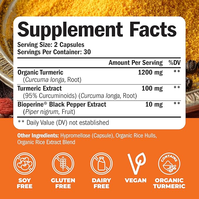Turmeric Supplement - Turmeric Curcumin Supplement. 1200mg Turmeric Powder Organic & Bioperine Joint Support Supplement. 95% Curcuminoids. Organic Turmeric Curcumin with Black Pepper - 60 Tumeric Caps