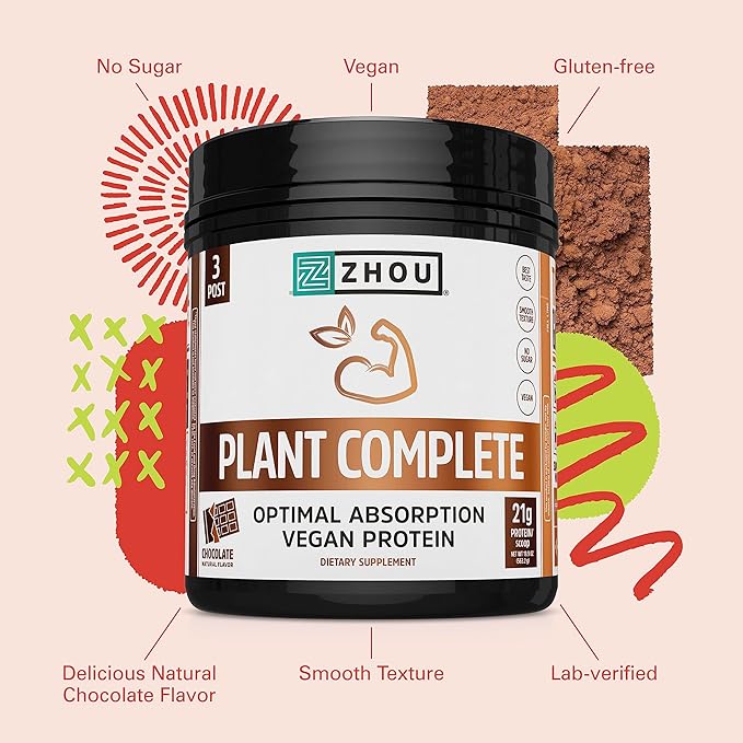 Zhou Nutrition Plant Based Vegan Protein 21g Protein, 16 Servings