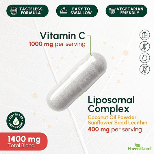 ForestLeaf Liposomal C - 1000mg Capsules - Immune Booster with MCT Oil & Sunflower Lecithin - Superior Absorption - High Dose C (Unflavored - 120 Veg Cap)