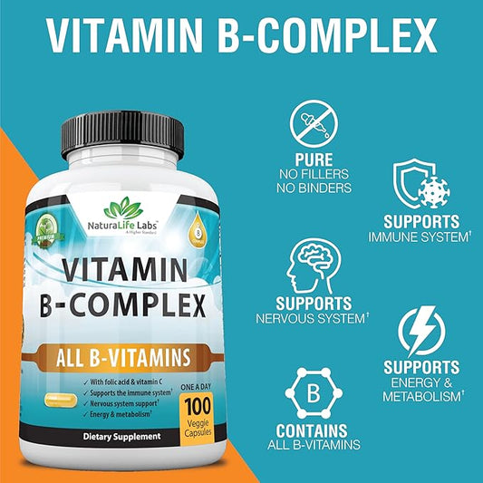 Vitamin B Complex with Vitamin C B12, B1, B1, B2, B2, B3, B3, Vitamin B5 Pantothenic B6, B7, B7, B9 B9 - 100 Veggie
