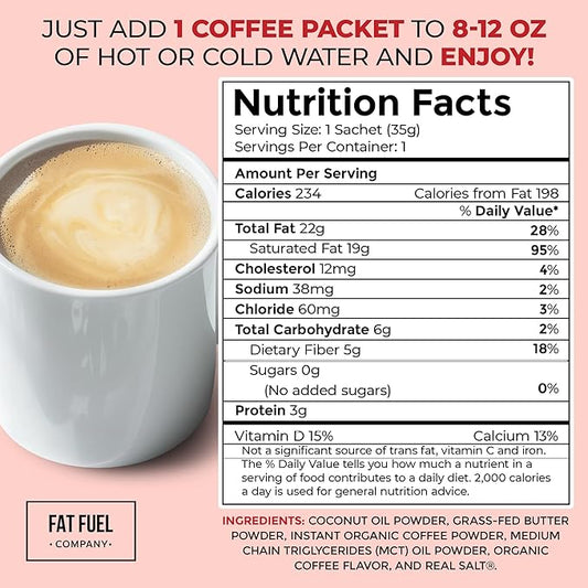 FAT FUEL Keto Coffee 22g Premium Fats - With Grass Fed Butter, MCT Oil, Coconut & Redmond Real Salt - Instant Organic Coffee, One Net Carb, A True Meal Replacement - 30 Bulk Powder Servings
