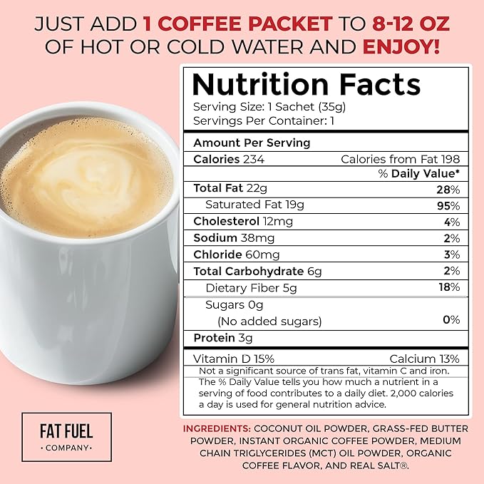 FAT FUEL Keto Coffee 22g Premium Fats - With Grass Fed Butter, MCT Oil, Coconut & Redmond Real Salt - Instant Organic Coffee, One Net Carb, A True Meal Replacement - 15 Servings