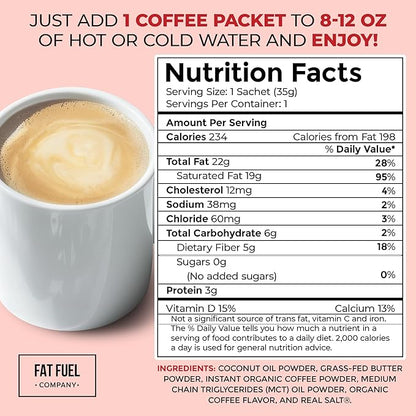FAT FUEL Keto Coffee 22g Premium Fats - With Grass Fed Butter, MCT Oil, Coconut & Redmond Real Salt - Instant Organic Coffee, One Net Carb, A True Meal Replacement - 15 Servings