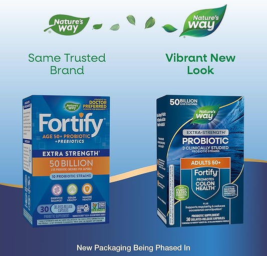 Nature’s Way Fortify Extra Strength† Probiotic Age 50+, 50 Billion Live Cultures, 11 Strains, Prebiotics, Digestive Health*, Immune Support*, Colon Health*, 30 Capsules (Packaging May Vary)