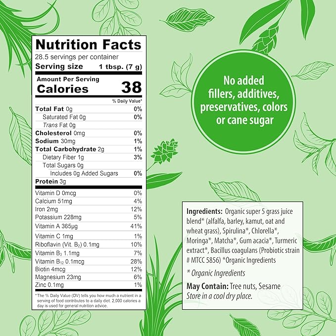 Organic Traditions Super Greens Powder Superfood with Turmeric, Organic Greens Superfood Powder, 200g / 7oz Bag