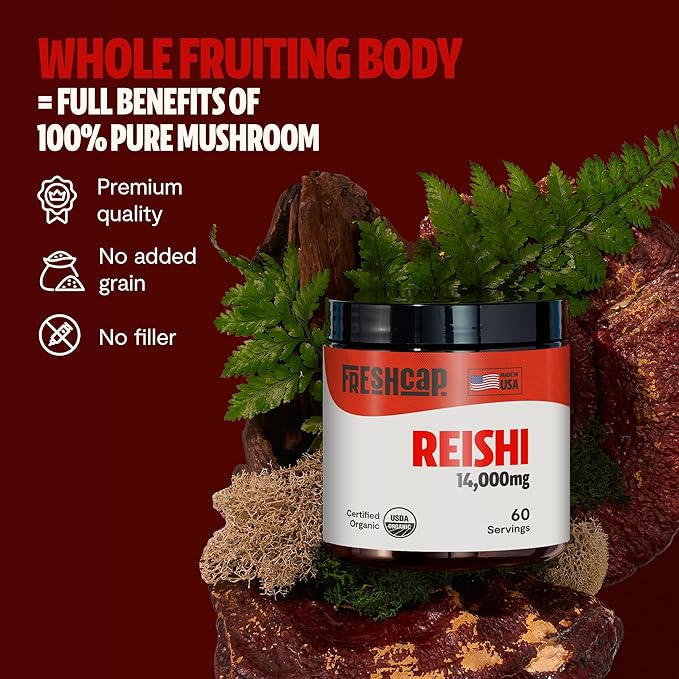 FreshCap Reishi Mushroom Powder 14,000mg - Reishi Mushroom Extract, Mushroom Supplement Powder, Organic Mushroom Powder, Ayurveda Nootropic Red Reishi Supplement Mushroom Blend (60 Servings)