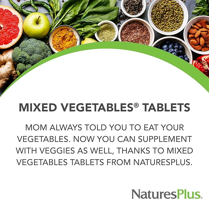 Natures Plus Mixed Vegetables - 180 Tablets, Pack of 2 - with Broccoli, Spinach, Carrot & Cabbage - Gluten Free - 120 Total Servings