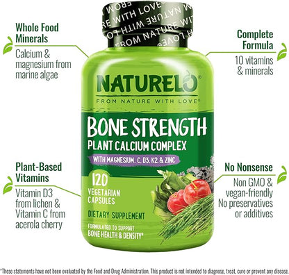 NATURELO Calcium Supplement - with Vitamin C, Vitamin D3, K2, and Calcium Magnesium Zinc for Bone Strength with Calcium 600mg - Plant-Based, 120 Vegetarian Capsules, Non-GMO, Soy & Gluten-Free