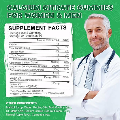 Calcium Citrate 1200 mg with Vitamin D3 Gummies, Calcium Citrate Magnesium Zinc with Vitamin D3 Supplement for Women & Men Bone & Teeth Support, Natural Apple Flavor - 30 Day Vegan Supply