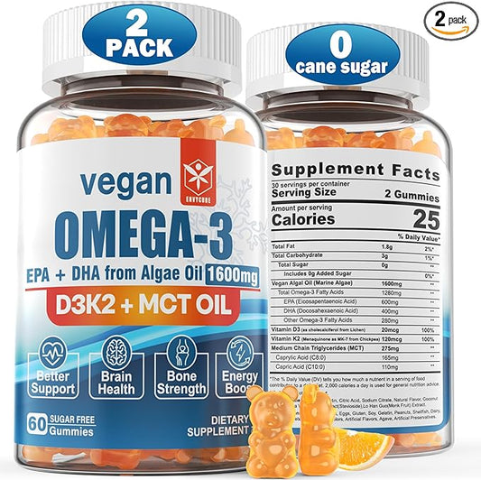 Vegan Omega 3 Gummies 1280mg + Vitamin D3 K2 (MK7), Omega 3 Fish Oil Alternative for Adults, w/Algae EPA 600mg & DHA 400mg, MCT Oil - No Fish Taste - for Brain, Eye, Immune Health, Sugar Free, 2 Pack