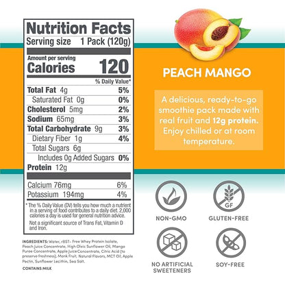 Designer Wellness Protein Smoothie, Real Fruit, 12g Protein, Low Carb, Zero Added Sugar, Gluten-Free, Non-GMO, No Artificial Colors or Flavors, Peach Mango, 24 Count