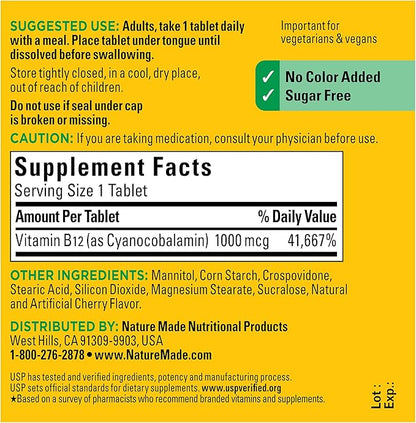 Nature Made Vitamin B12 1000 mcg, Easy to Take Sublingual B12 for Energy Metabolism Support, 150 Sugar Free Fast Dissolve Tablets, 150 Day Supply