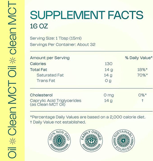 LevelUp Clean MCT Oil - 100% Caprylic C8 for Energy, Focus, Weight Management, Gut Health, Brain Superfuel - Keto Supplement for Ketogenic Coffee and Ketones - Non-GMO (16 oz Glass Bottle)