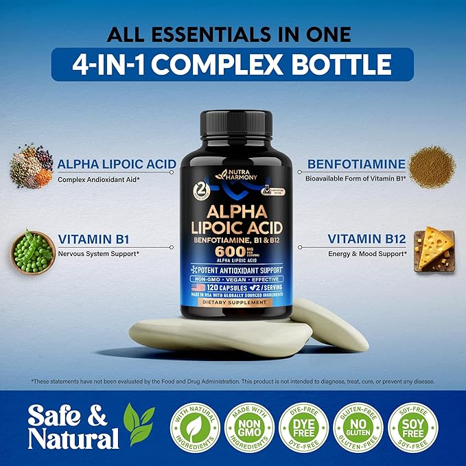 Alpha Lipoic Acid 600mg 4-in-1 with B1 & B12 - 120 Capsules, 2 Month