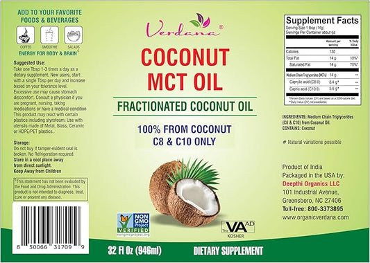 Verdana MCT Oil, Fractionated, Genuine 100% Coconut Derived, Kosher Food Grade, Vegan, Non-GMO, Great for Keto and Paleo Diet, Oil Pulling Oral Rinse Mouthwash (32 Fl Oz)