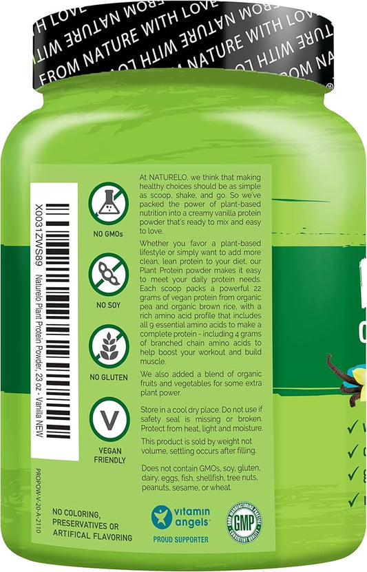 NATURELO Plant Protein Powder, Vanilla, 22g Protein 20 Servings