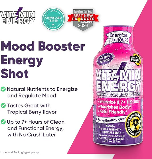 Mood Support Vitamin Energy Drink - Sugar Free, Keto/Vegan Friendly Shots | Mood Balancing with Rhodiola and Chamomile | Energize up to 7+ Hours | Tropical Berry - 1.93 Fl Oz - Pack Of 12