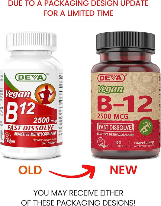DEVA Vegan Vitamins B-12, High Potency 2500 mcg B12, Fast Dissolve, Sublingual, 90 Tablets (Pack of 2)
