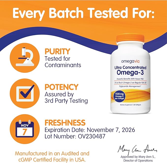 OmegaVia Ultra Concentrated Omega 3 Fish 60 Softgels, 3 Fish 1135 mg Omega3, No 5-Star