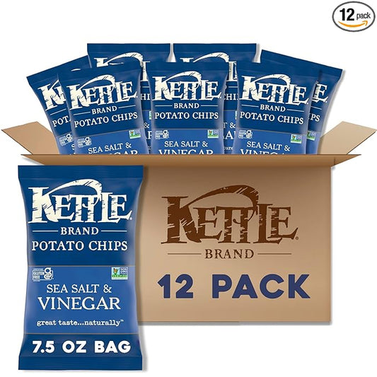 Kettle Brand Sea Salt and Vinegar Kettle Potato Chips, Gluten-Free, Non-GMO, 7.5 oz Bag (Pack of 12)