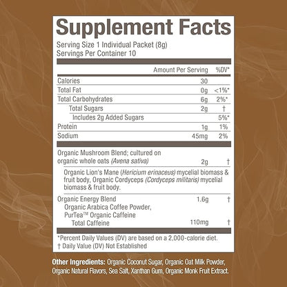 OM MUSHROOM SUPERFOOD Coffee Latte Blend Mushroom Powder, Single Serve, 10 Count, Lion's Mane, Cordyceps, Reishi, Chaga, Energy & Mental Clarity Support Supplement