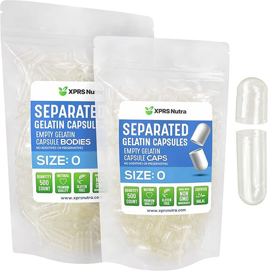 XPRS Nutra Gelatin Size 0 Separated Capsules - 500 Count Empty Capsules Separated in Bags - Size 0 Gelatin Capsules - Clear Empty Gelatin Capsules for DIY Supplement Filling