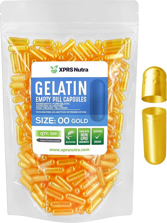 XPRS Nutra Size 00 Empty Capsules - 500 Count Empty Gelatin Capsules - Empty Pill Capsules - DIY Capsule Filling - Fillable Pill Capsules Empty Gel Caps (Gold)