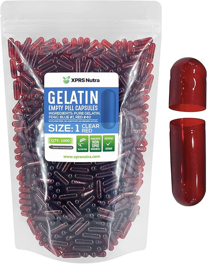 XPRS Nutra Size 1 Empty Capsules - Clear Red Colored Empty Gelatin Capsules - Empty Pill Capsules - DIY Supplement Capsule Filling - Fillable Color Gel Caps Pills (1000 Count)