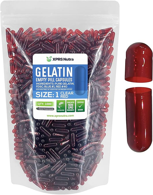 XPRS Nutra Size 1 Empty Capsules - Clear Red Colored Empty Gelatin Capsules - Empty Pill Capsules - DIY Supplement Capsule Filling - Fillable Color Gel Caps Pills (1000 Count)