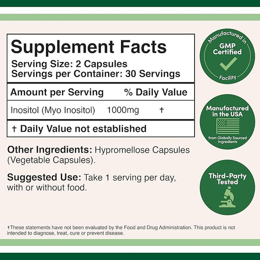 Inositol Capsules (Myo Inositol) 1000mg Health (60 Count)(No