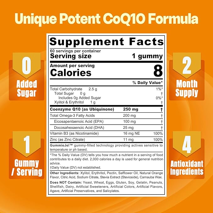 Sugar-Free CoQ10-250mg Filled Gummies 4 Months Omega-3, Vitamin B3 & Q10 Supplements 2-Pack
