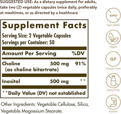 SOLGAR Choline/Inositol 500 mg/500 mg - 100 Vegetable Capsules, Pack of 2 - Non-GMO, Vegan, Kosher, Gluten Free, Dairy Free - 100 Total Servings