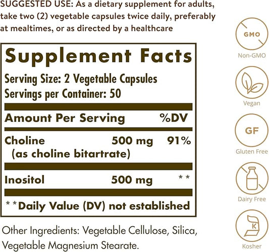 SOLGAR Choline/Inositol 500 mg/500 mg - 100 Vegetable Capsules, Pack of 2 - Non-GMO, Vegan, Kosher, Gluten Free, Dairy Free - 100 Total Servings