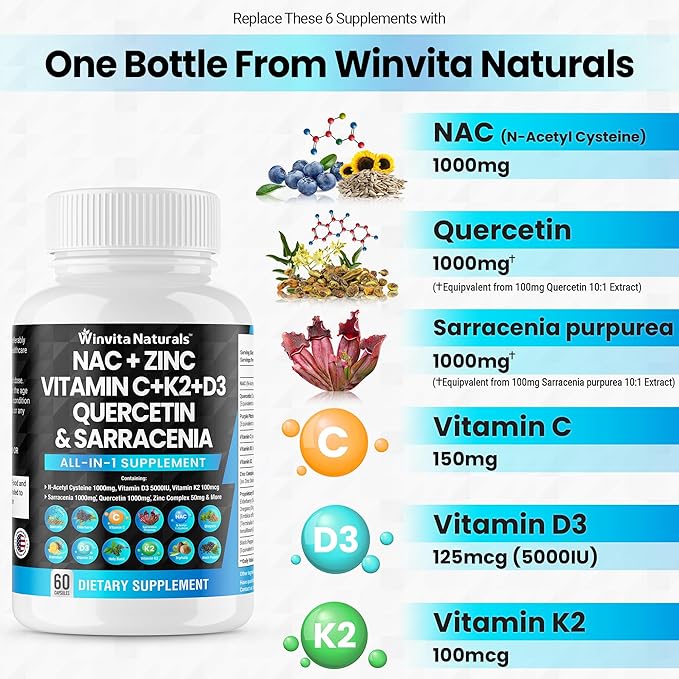 NAC Supplement N-Acetyl Cysteine 1000mg Vitamin D3 K2, K2, Zinc, 1000mg Quercetin 1000mg with