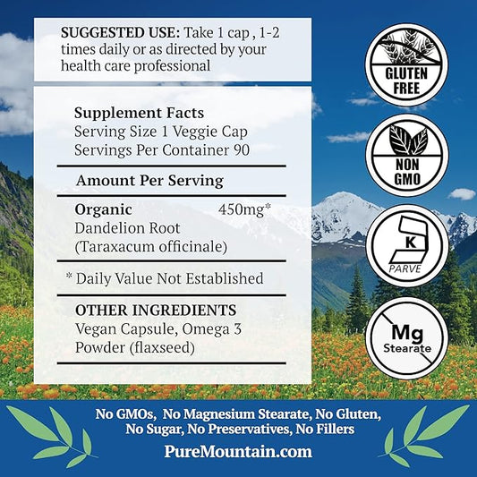 Pure Mountain Botanicals Dandelion Root Capsules 90 Kosher 450mg Organic