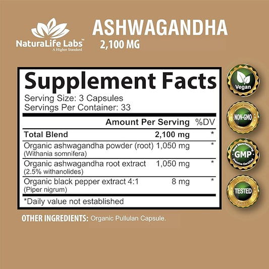 Organic Ashwagandha 2,100 mg - 100 Veggie Capsules Pure Organic Ashwagandha Powder and Root Extract - Stress Relief, Mood Enhancer
