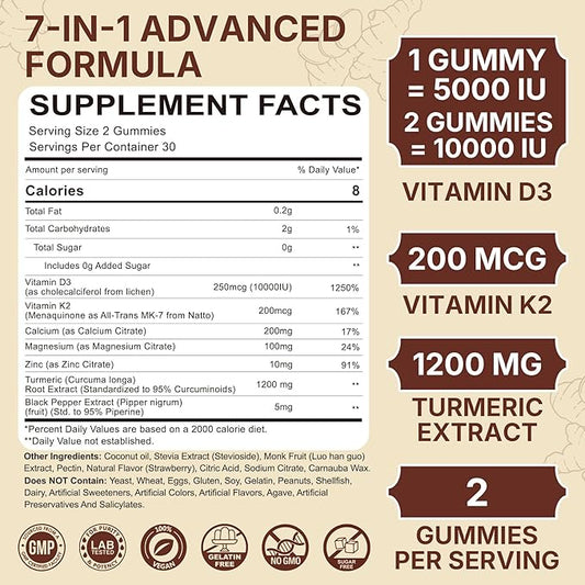 Vitamin D3 K2 Gummies & Turmeric for Women & Men, Vitamin D3 5000IU / 10000IU, K2 (MK-7) 200mcg Supplements with Turmeric 1200mg, Calcium, Magnesium, Zinc, Supports Bone, Teeth, Energy & Immune, 2PACK