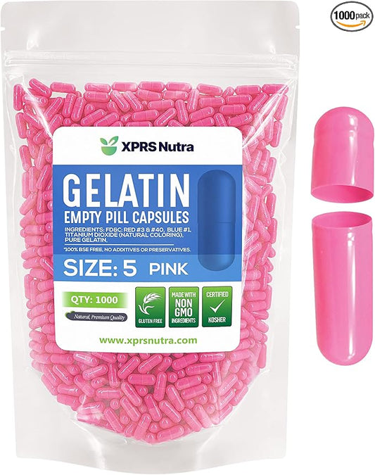 XPRS Nutra Size 5 Empty Capsules - 1000 Count Very Small Empty Gelatin Capsules - Empty Pill Capsules - DIY Capsule Filling - Fillable Pill Capsules Empty Gel Caps (Pink)