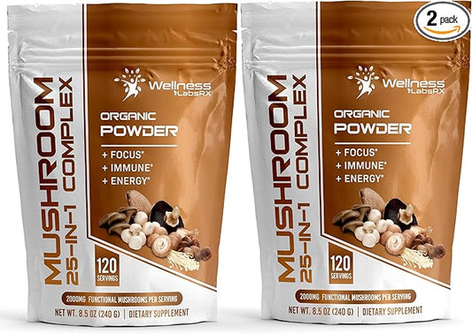 Mushroom Powder, 25 in 1 Mushrooms Supplement - 2000mg, 25 Superfood Mishroom Lions Mane Powder with Chaga, Shiitake, Cordyceps, Reishi - Lion's Mane Mushroom - Pack of 2